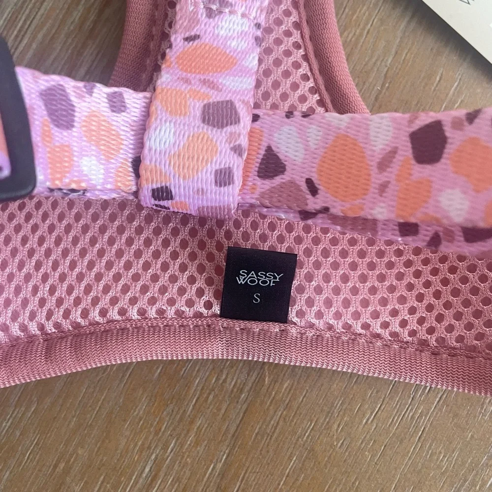 Size SMALL Sassy Woof Pink Mosaic Dog Harness, Collar & Leash Set